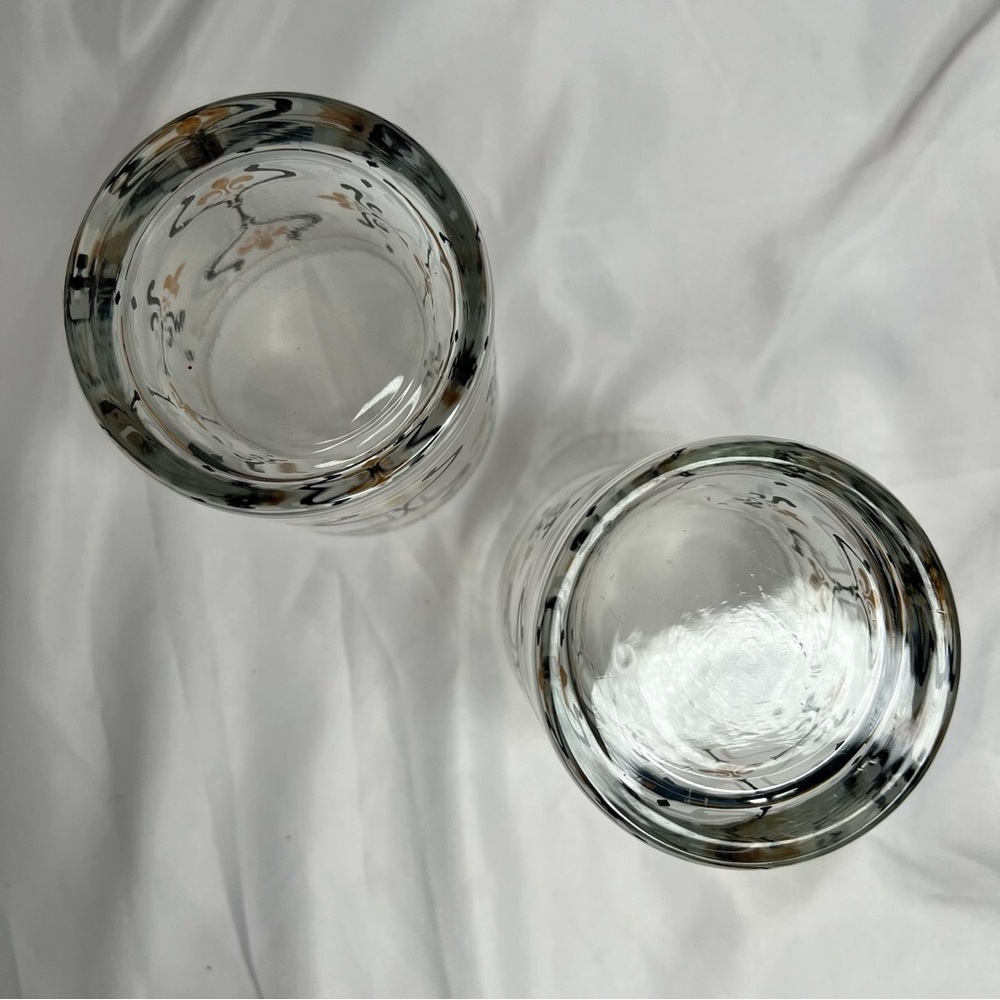 🥃 2 Lowball Rocks Old Fashioned Glasses Black Gold Fleur-de-lis vintage EUC MCM - Picture 10 of 16